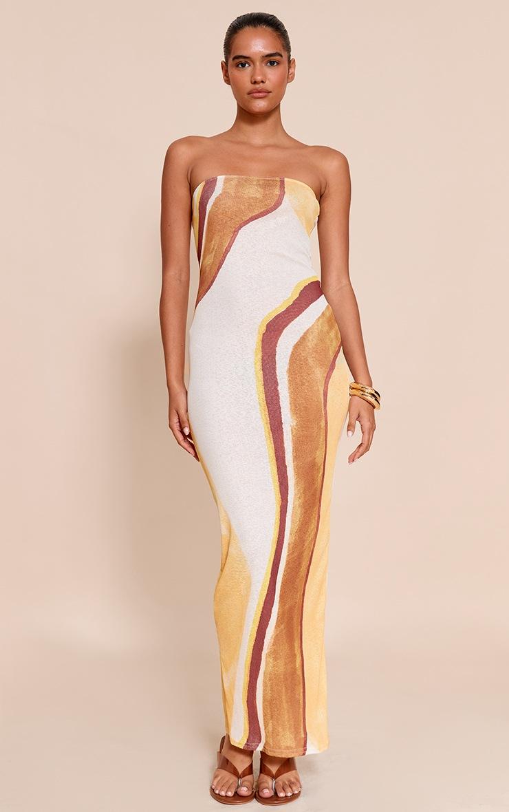 Pretty Little Thing Red Onion Skin Bandeau Abstract Print Maxi Dress