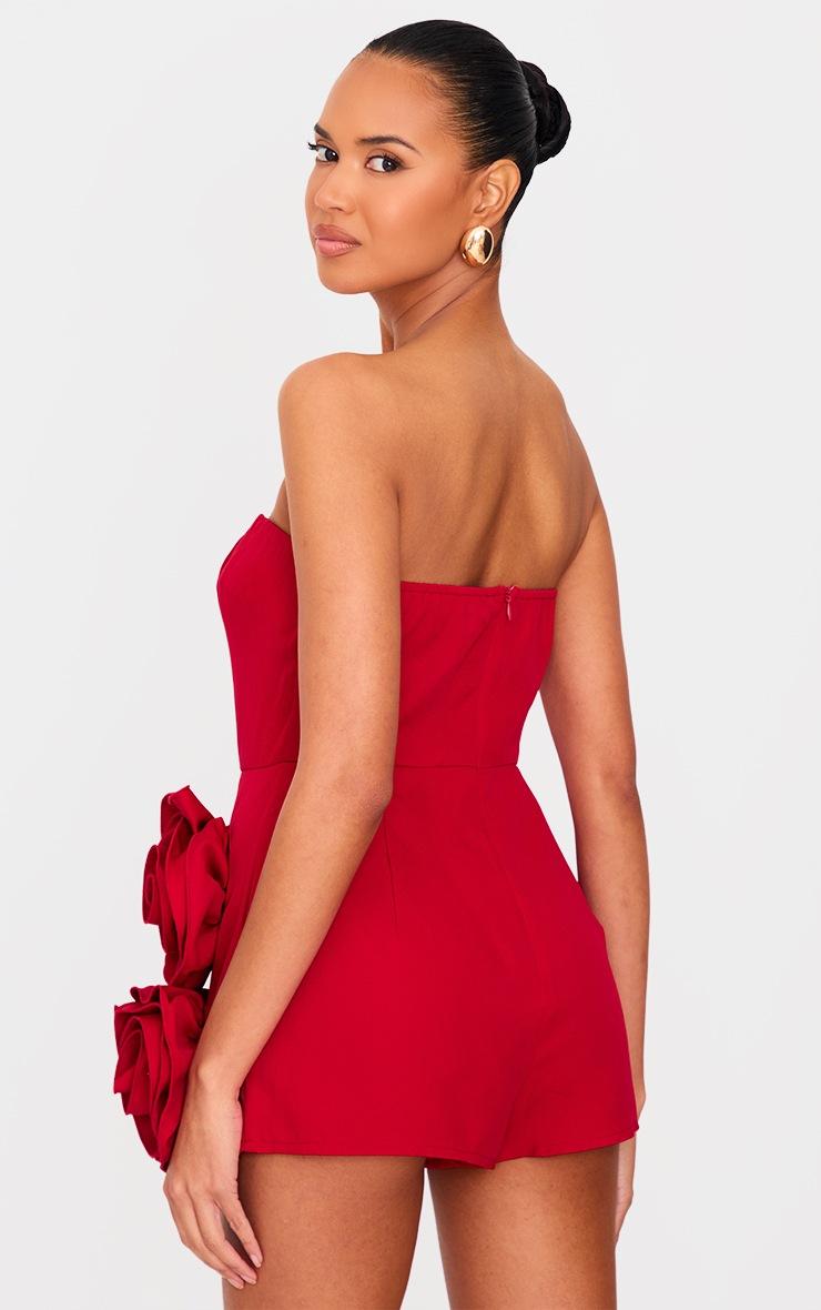 Pretty Little Thing Red Oversized Rose Detail Bandeau Skort Romper