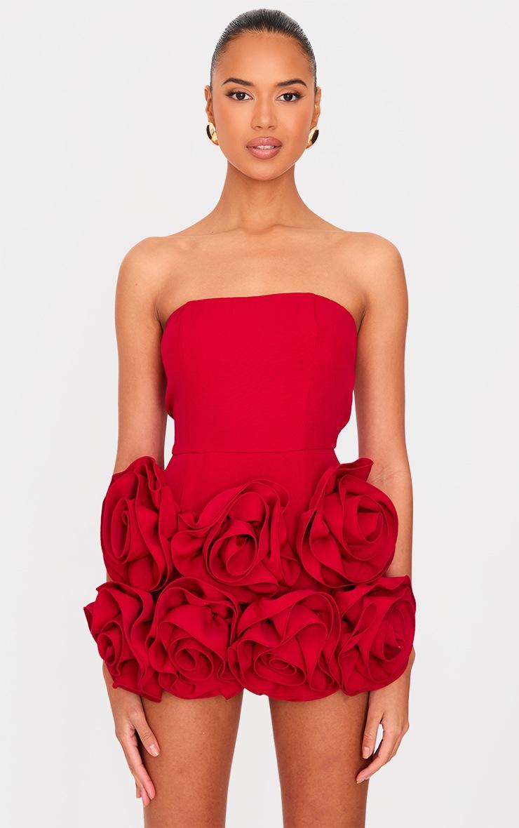 Pretty Little Thing Red Oversized Rose Detail Bandeau Skort Romper
