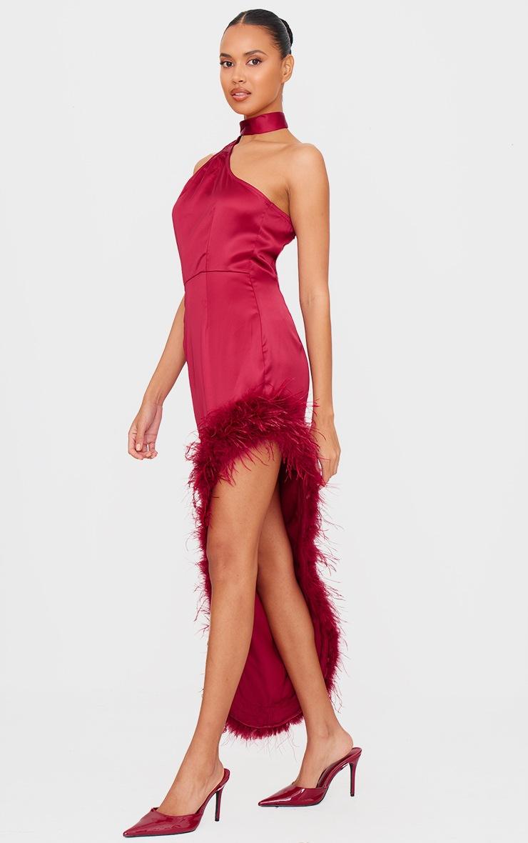 Pretty Little Thing Red Satin High Neck Feather Trim Maxi Dress