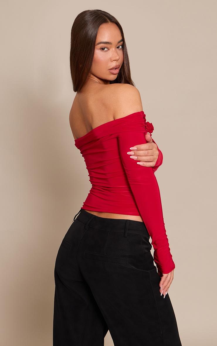 Pretty Little Thing Red Slinky Applique Detail Bardot Long Sleeve Top