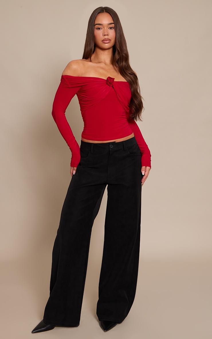 Pretty Little Thing Red Slinky Applique Detail Bardot Long Sleeve Top