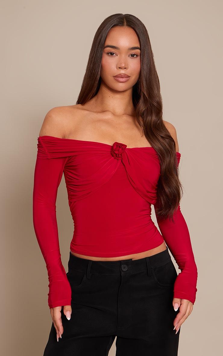 Pretty Little Thing Red Slinky Applique Detail Bardot Long Sleeve Top