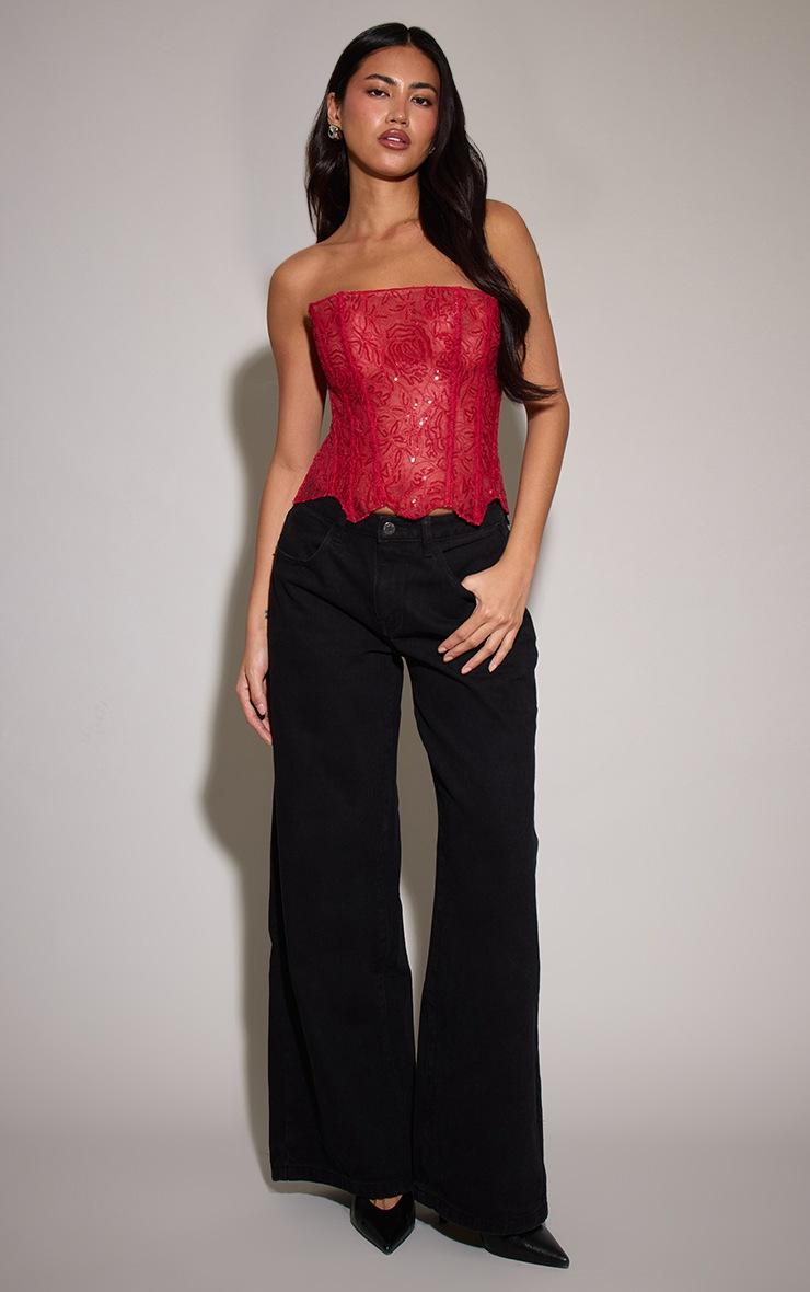 Pretty Little Thing Red Textured Lace Sequin Corset