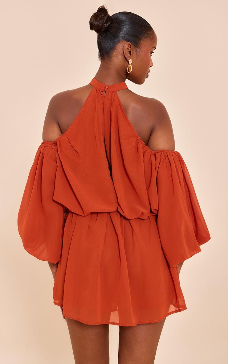 Pretty Little Thing Rust Chiffon Ruffle Off Shoulder Romper