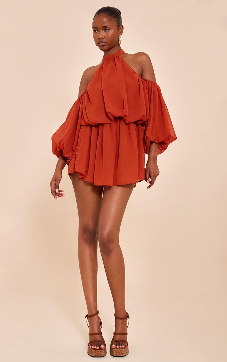 Pretty Little Thing Rust Chiffon Ruffle Off Shoulder Romper