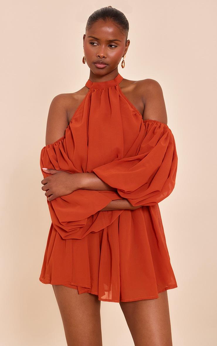 Pretty Little Thing Rust Chiffon Ruffle Off Shoulder Romper