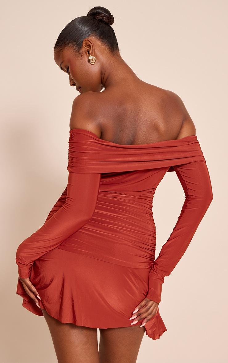 Pretty Little Thing Rust Double Layer Slinky Long Sleeve Bardot Mini Dress