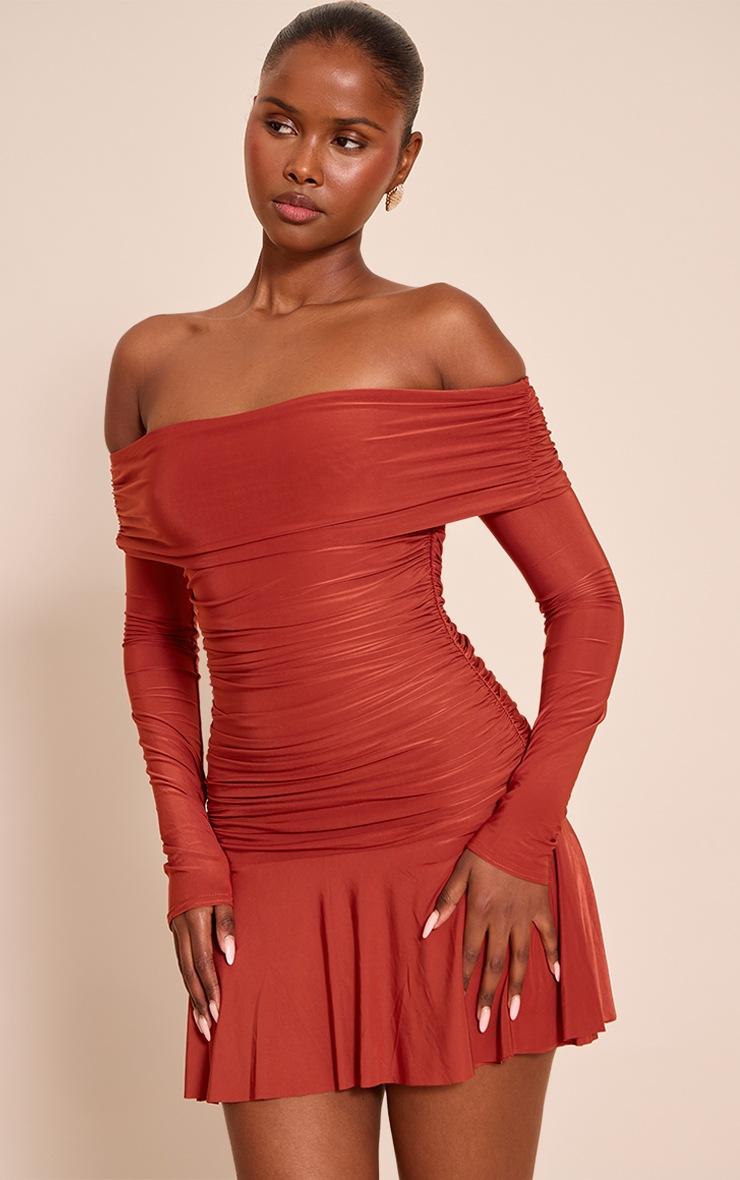 Pretty Little Thing Rust Double Layer Slinky Long Sleeve Bardot Mini Dress