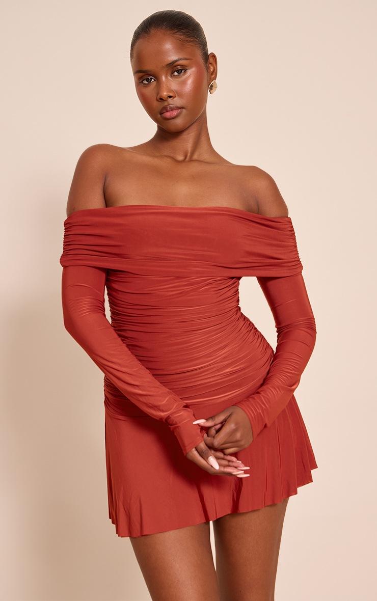 Pretty Little Thing Rust Double Layer Slinky Long Sleeve Bardot Mini Dress