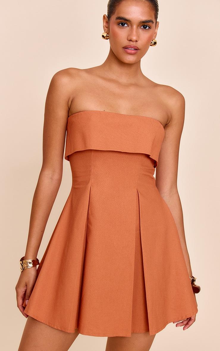 Pretty Little Thing Rust Linen-Blend Bandeau Fold Over Shift Dress