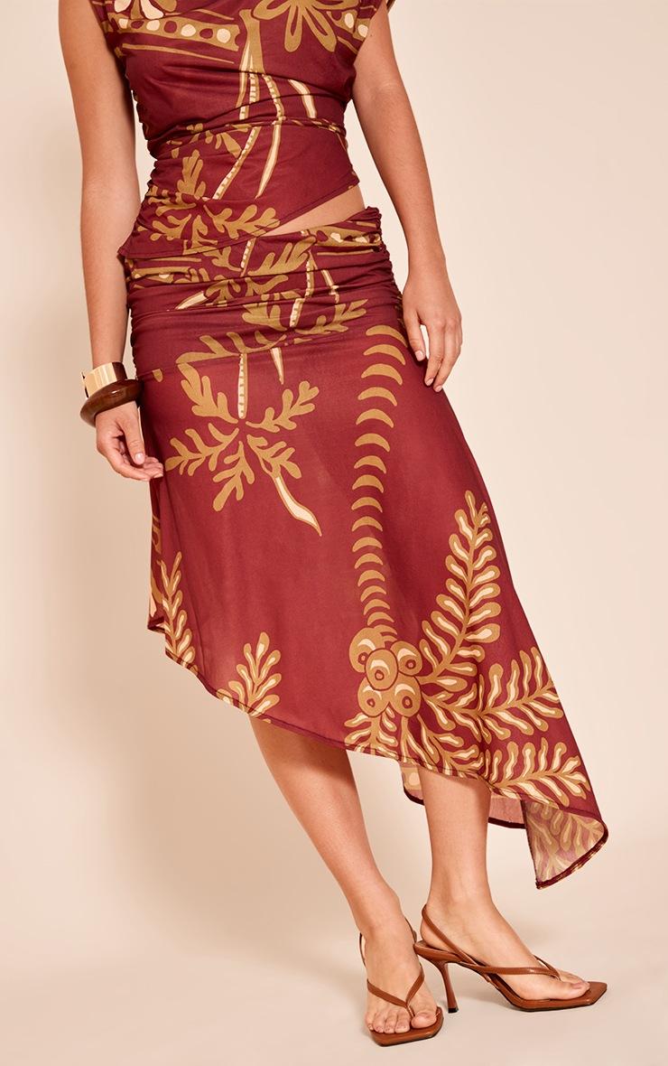 Pretty Little Thing Rust Palm Print Chiffon Asymmetric Midi Skirt