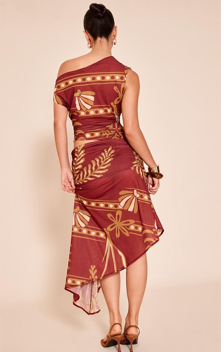 Pretty Little Thing Rust Palm Print Chiffon Asymmetric Midi Skirt