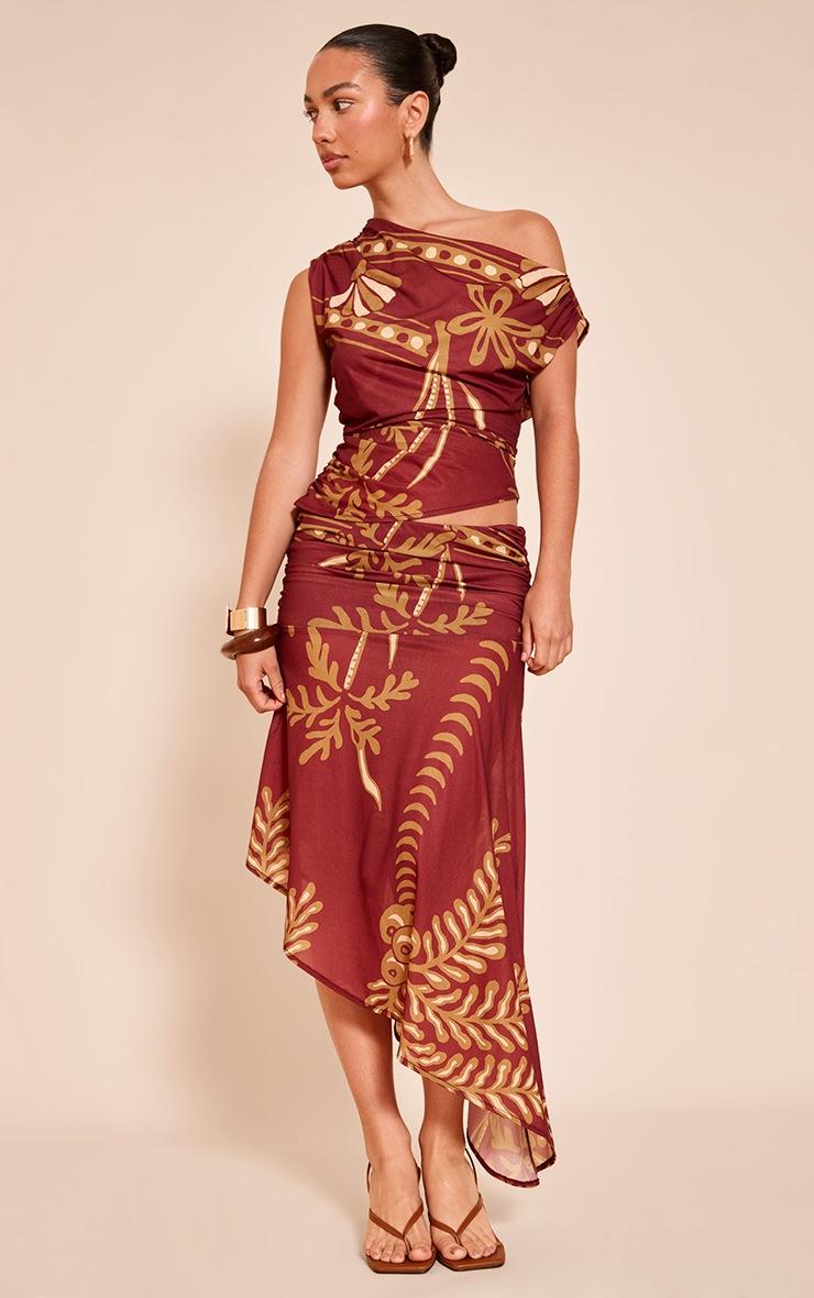 Pretty Little Thing Rust Palm Print Chiffon Asymmetric Midi Skirt