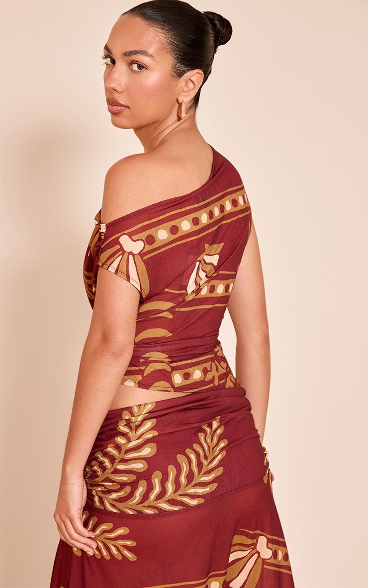 Pretty Little Thing Rust Palm Print Chiffon Ruched Asymmetrical Crop Top