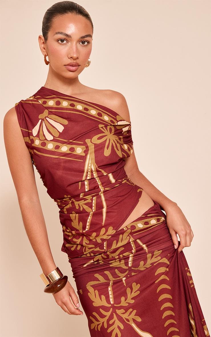 Pretty Little Thing Rust Palm Print Chiffon Ruched Asymmetrical Crop Top