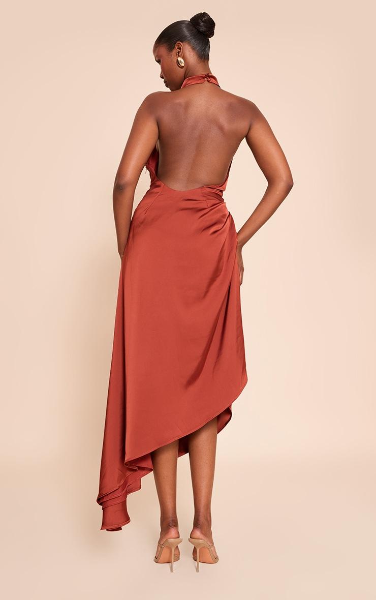 Pretty Little Thing Rust Satin Cowl Neck Asymmetric Shift Dress