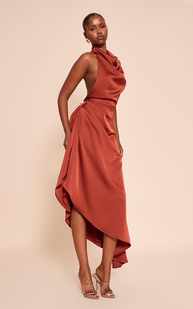 Pretty Little Thing Rust Satin Cowl Neck Asymmetric Shift Dress
