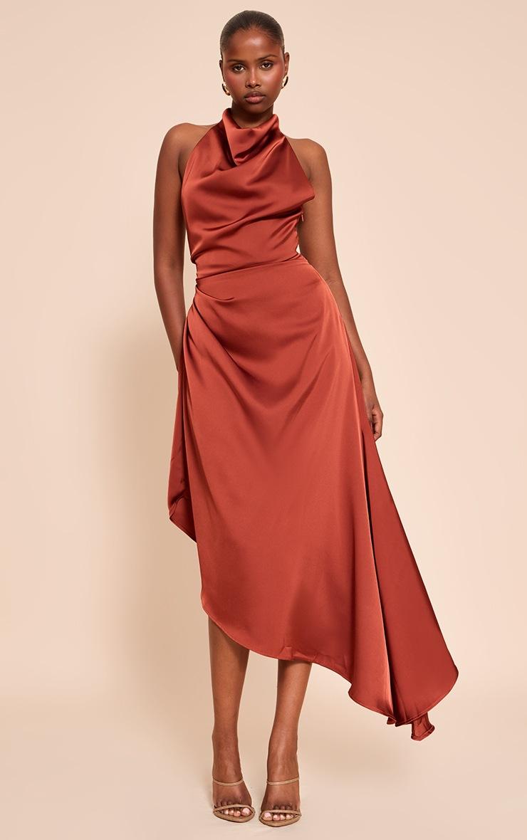 Pretty Little Thing Rust Satin Cowl Neck Asymmetric Shift Dress