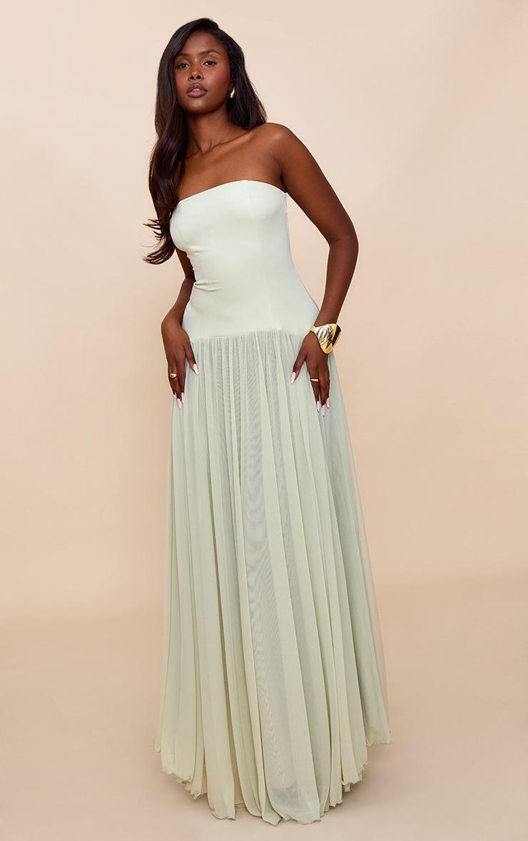 Pretty Little Thing Sage Bandeau Chiffon Pleated Maxi Dress