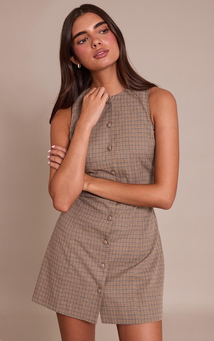 Pretty Little Thing Sage Check Boat Neck Button Down Bodycon Dress