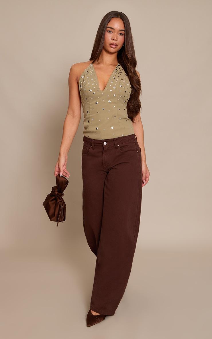 Pretty Little Thing Sage Chiffon Studded Halterneck Top