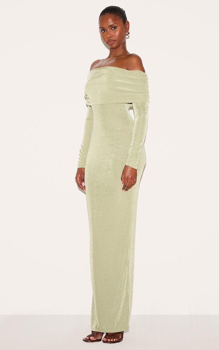 Pretty Little Thing Sage Green Acetate Slinky Bardot Long Sleeve Maxi Dress