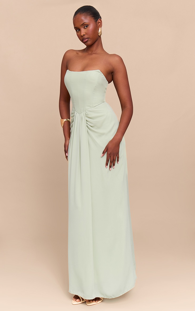 Pretty Little Thing Sage Green Bandeau Corset Drape Detail Maxi Dress