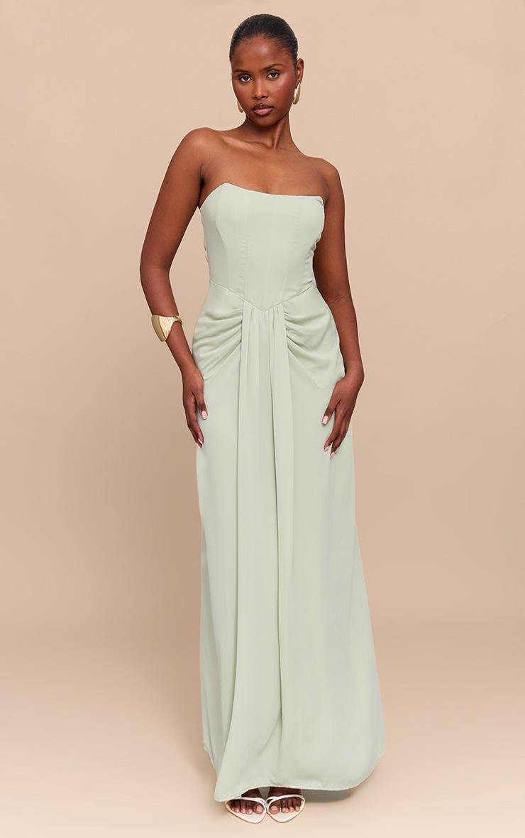 Pretty Little Thing Sage Green Bandeau Corset Drape Detail Maxi Dress