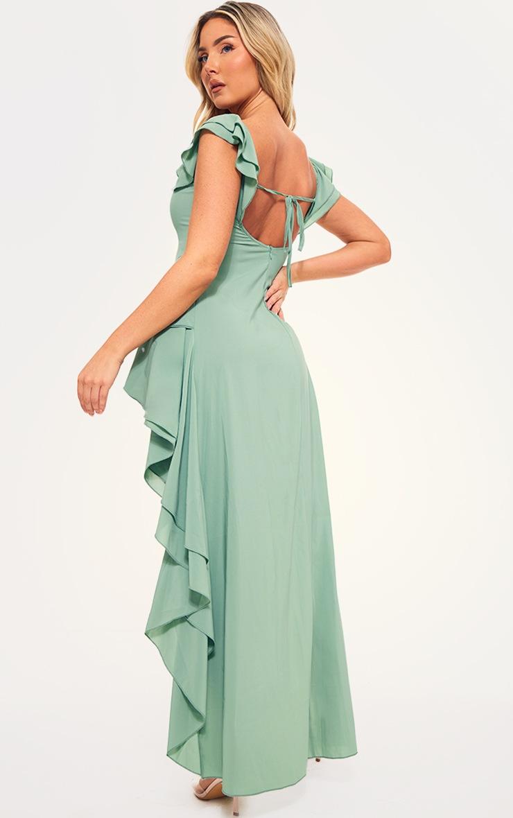 Pretty Little Thing Sage Green Bardot Ruffle Detail Midi Dress