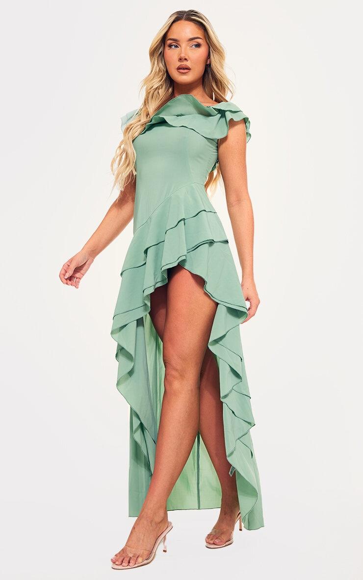 Pretty Little Thing Sage Green Bardot Ruffle Detail Midi Dress