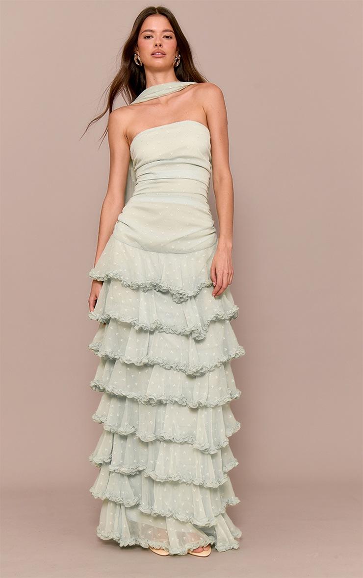 Pretty Little Thing Sage Green Chiffon Tiered Frill Maxi Dress