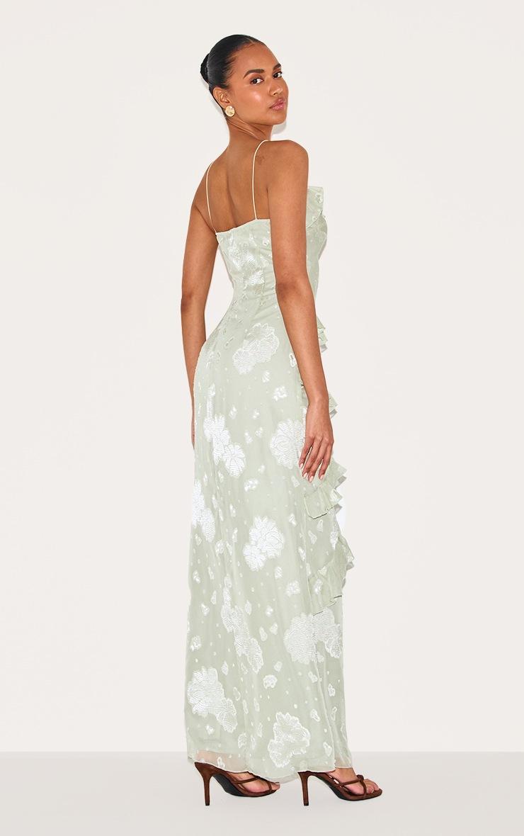 Pretty Little Thing Sage Green Embroidered Frill Maxi Dress
