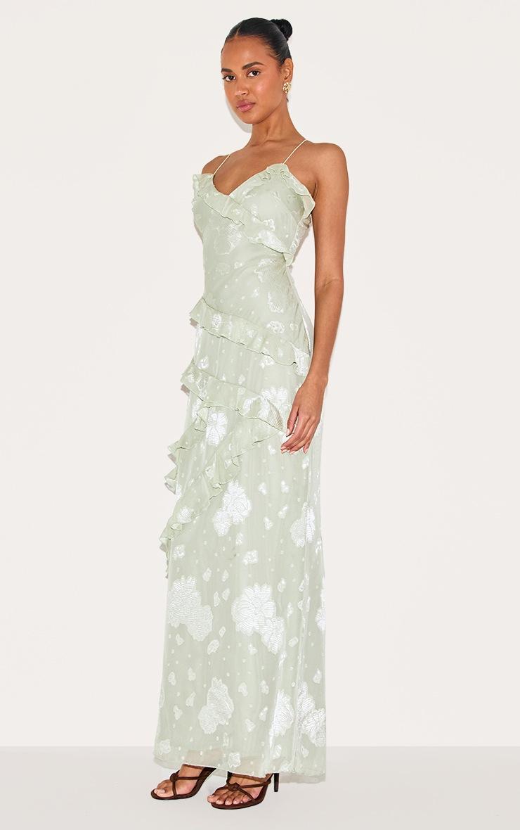 Pretty Little Thing Sage Green Embroidered Frill Maxi Dress