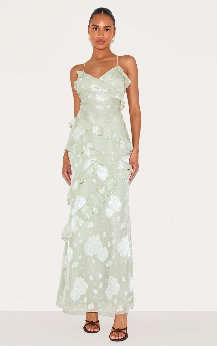 Pretty Little Thing Sage Green Embroidered Frill Maxi Dress