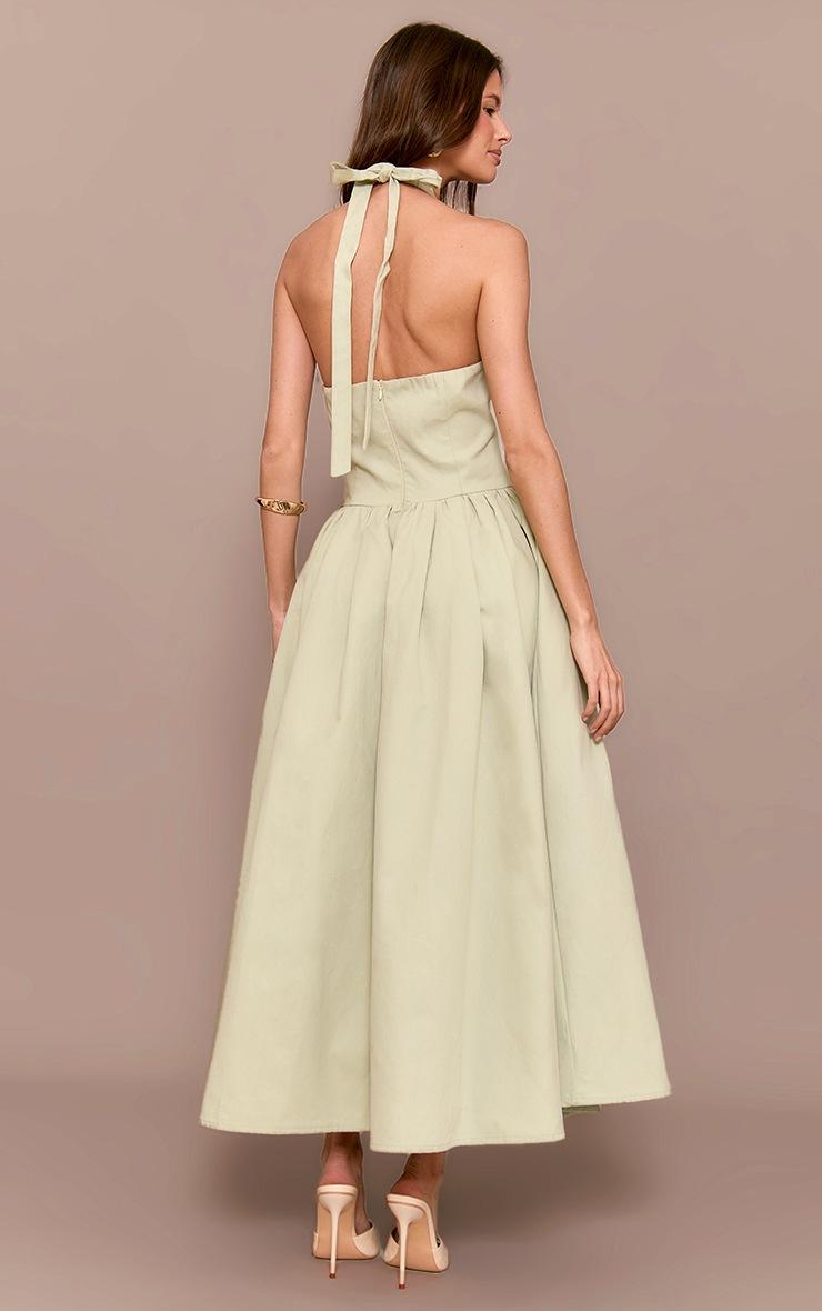 Pretty Little Thing Sage Green Halterneck Tie Detail Ruched Midaxi Dress