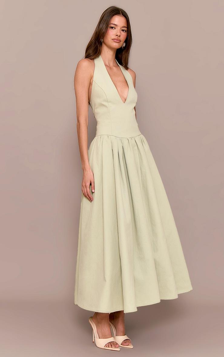 Pretty Little Thing Sage Green Halterneck Tie Detail Ruched Midaxi Dress