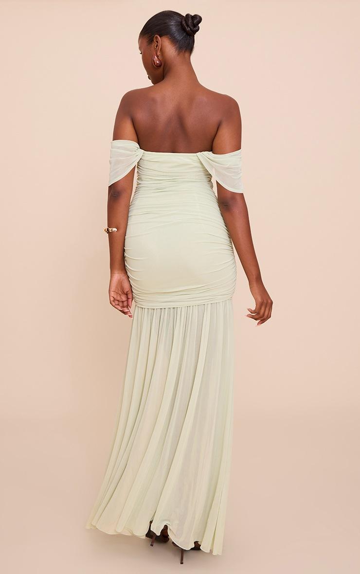 Pretty Little Thing Sage Green Mesh Bardot Ruched Detail Maxi Dress