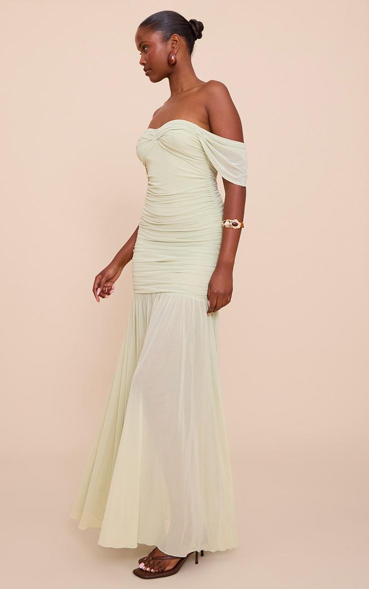 Pretty Little Thing Sage Green Mesh Bardot Ruched Detail Maxi Dress