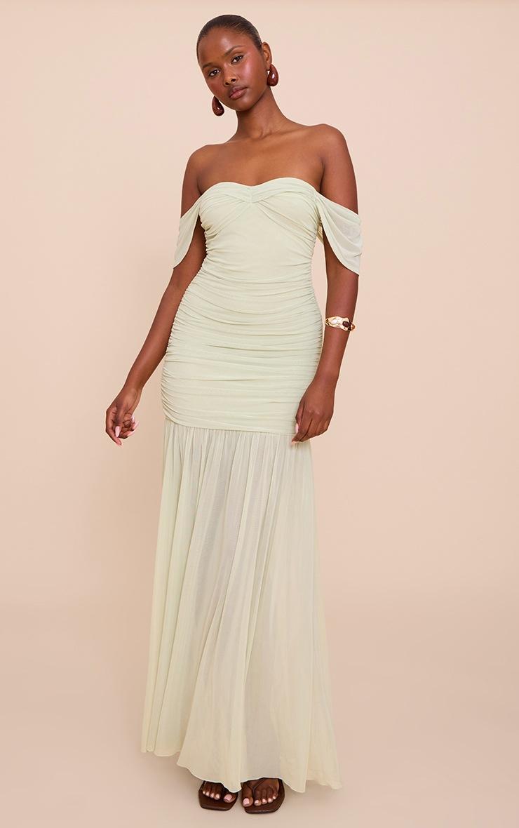 Pretty Little Thing Sage Green Mesh Bardot Ruched Detail Maxi Dress