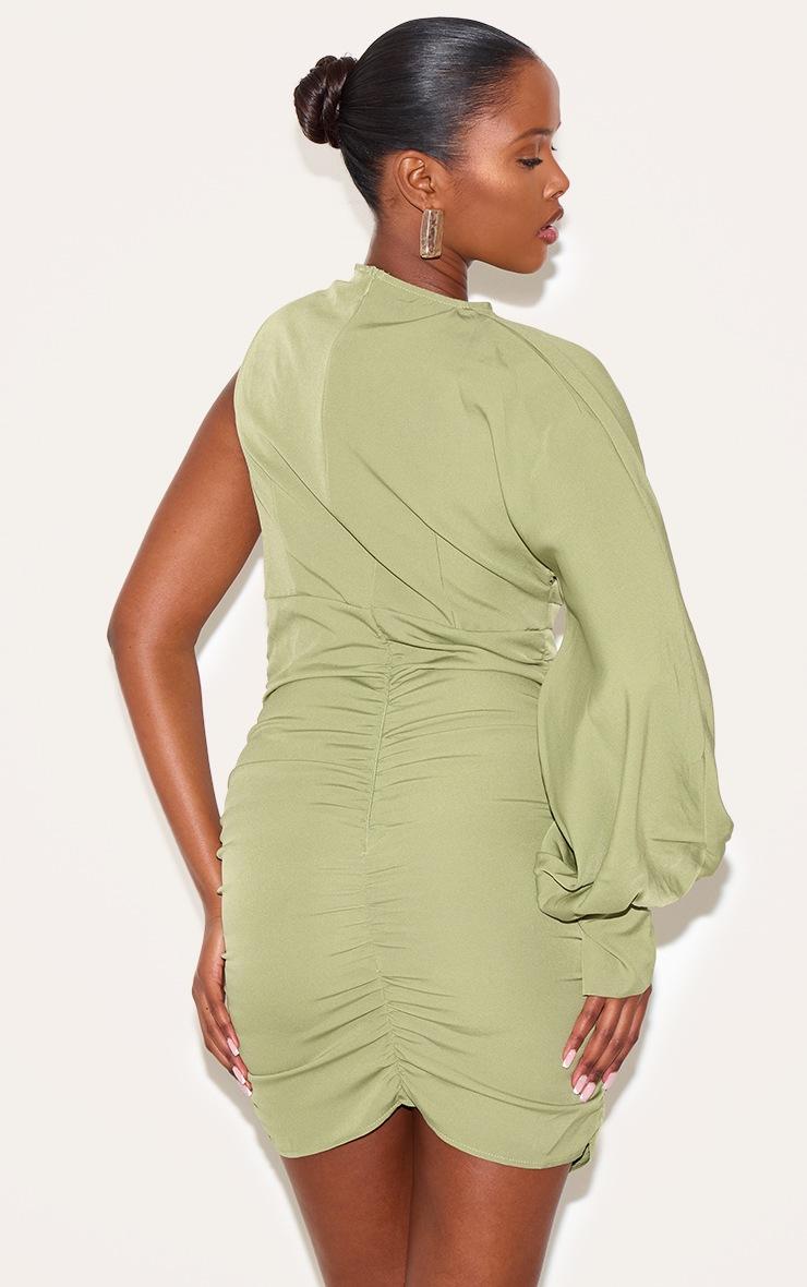 Pretty Little Thing Sage Green One Sleeve Ruched Woven Bodycon Dress