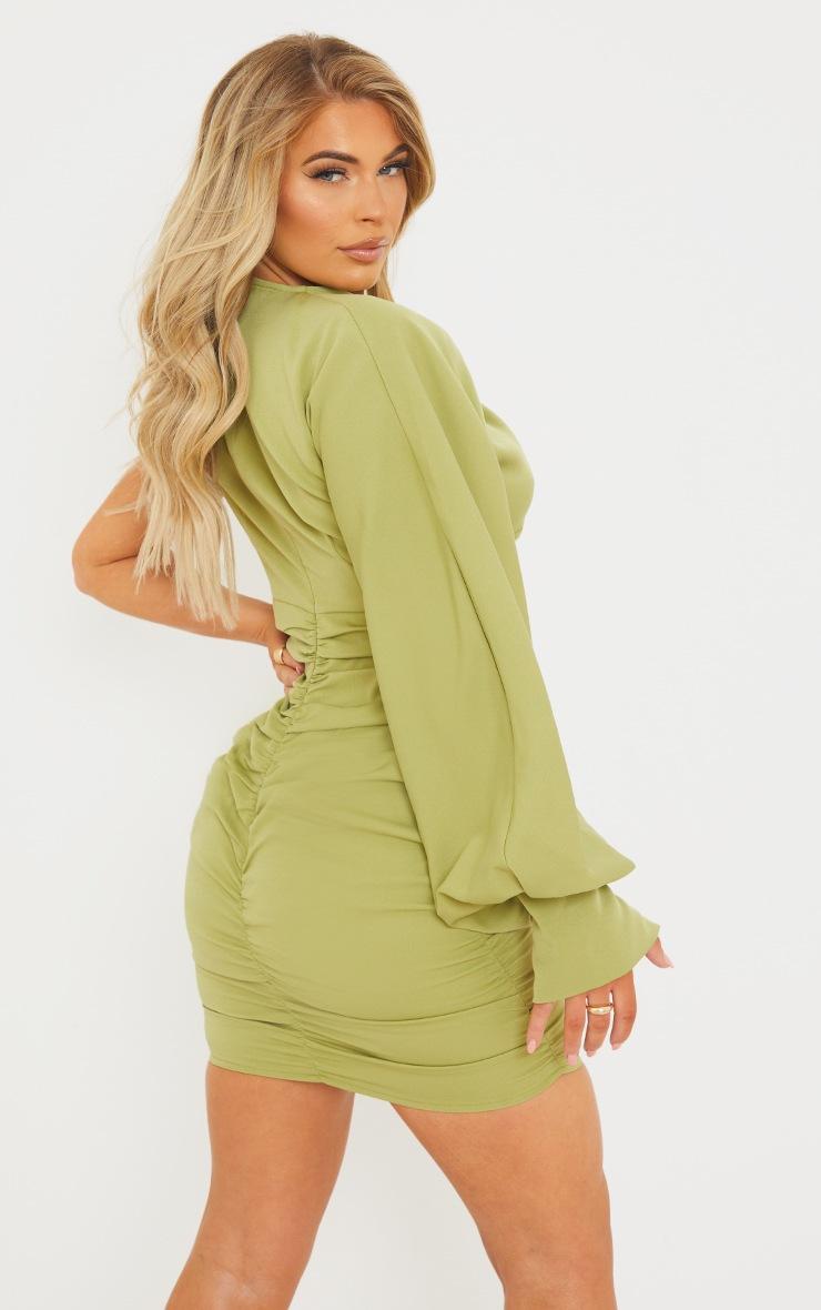 Pretty Little Thing Sage Green One Sleeve Ruched Woven Bodycon Dress