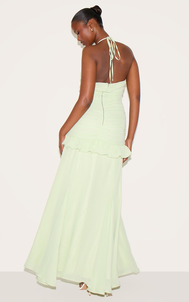 Pretty Little Thing Sage Green Ruched Frill Halterneck Maxi Dress