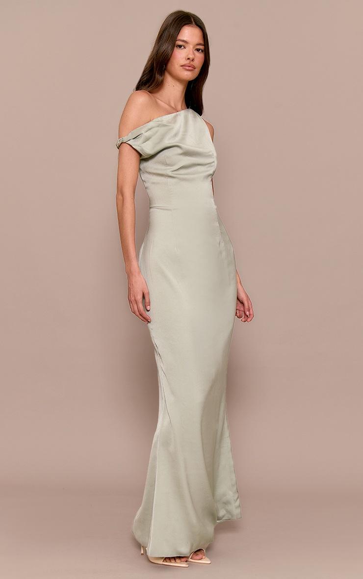 Pretty Little Thing Sage Green Satin Asymmetric Bardot Twist Maxi Dress