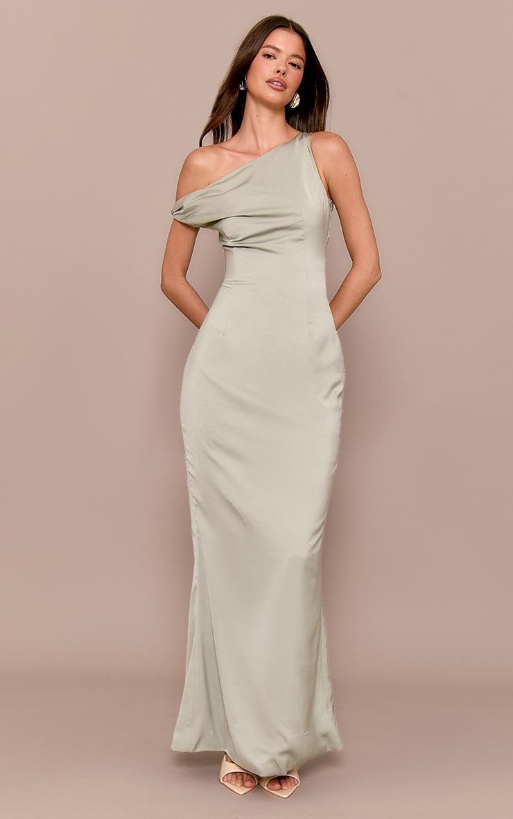 Pretty Little Thing Sage Green Satin Asymmetric Bardot Twist Maxi Dress