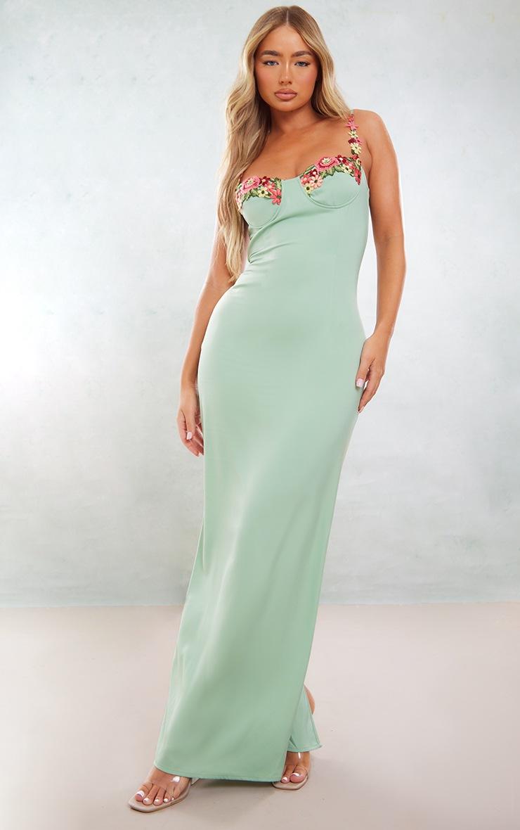 Pretty Little Thing Sage Green Satin Floral Applique Underwired Strappy Maxi Dress