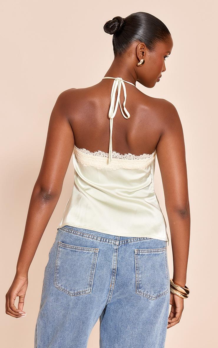 Pretty Little Thing Sage Green Satin Lace Trim Halterneck Cami Top