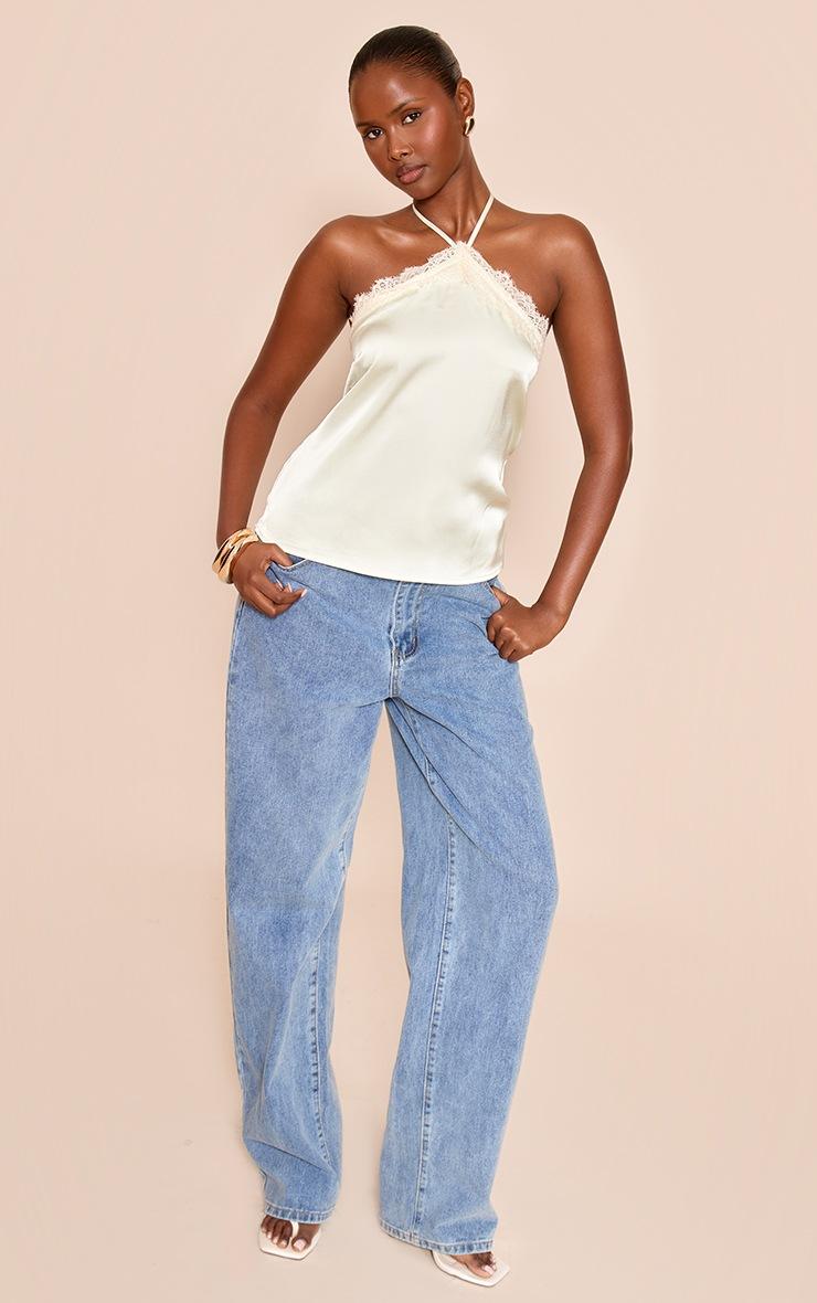 Pretty Little Thing Sage Green Satin Lace Trim Halterneck Cami Top