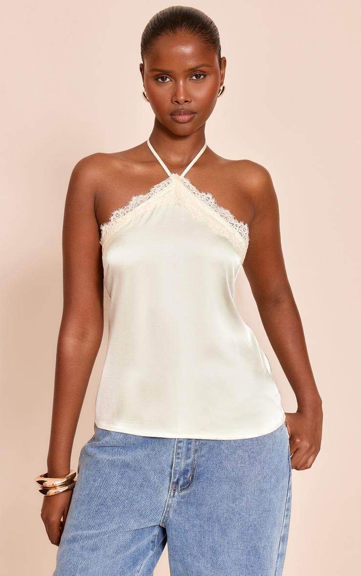 Pretty Little Thing Sage Green Satin Lace Trim Halterneck Cami Top
