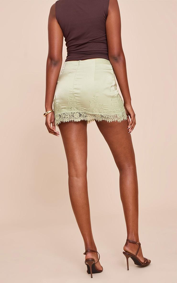 Pretty Little Thing Sage Green Satin Lace Trim Mini Skirt